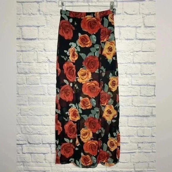 Forever 21 Chiffon Multicolor Roses Print Double Slit Maxi Skirt - Picture 2 of 8